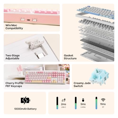 Image of EPOMAKER TH108 Full Size Mechanical Keyboard, Wireless Gaming Keyboard with 10000mAh Battery, Creamy Gasket, 108 Keys, Hot Swap, Custom Driver, RGB Backlight (Pink, Creamy Jade)