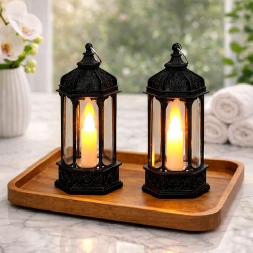 Image of SATYAM KRAFT 2 Pcs Flameless Smokeless Acrylic Antique LED Hurricane Lantern Lamp Wall Hanging Led Candle Light Holder for Home Decor Drawing Room Living Room Wedding Events Decor(13x5.5 cm)