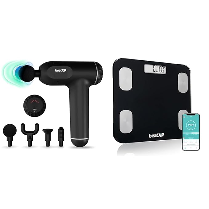 beatXP Bolt Deep Tissue Massage Gun (Black) & beatXP SmartPlus BMI Weighing Scale with 13 Essential Body Parameters