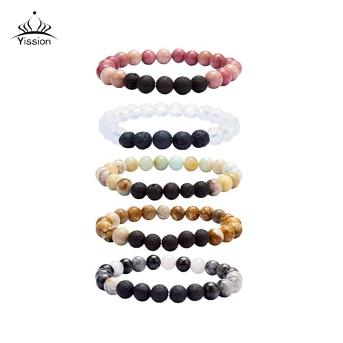 YISSION Beaded Essential Oil Semi Precious Gemstone Healing Crystal Bracelets for Men, Women & Girls - Anxiety Relief Set2