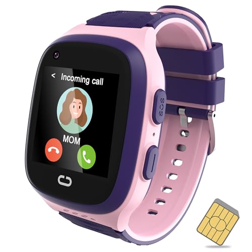 Spodus Smart Watch for Kids with GPS Tracker Cell Phone Watch for Girls 7-10 5-7 8-10, One-Key SOS Call Step Counter Alarm for Kids (Pink)