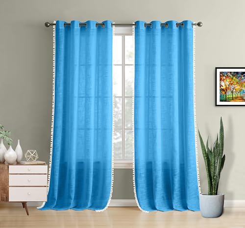 Image of THE LINEN COMPANY Cotton Sheer Grommet Curtains with Side Border Pompom Sheer Curtain for Door Linen Textured, Light Filtering, Pack of 2 (Carolina Blue, 7 Feet)