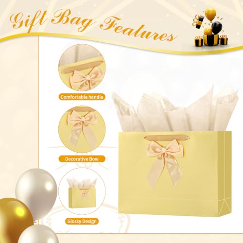 Image of Powbrace 13 inch Gold Bags with Handles, Birthday Gift Bag Set - 1 Gift Bag with Bow, 2 Tissues & Greeting Card for Men Women,Gift Bags Medium size(1 PCS Gold Glossy)
