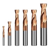 sisona 1/8' 3/16' 1/4' 5/16' 3/8' 1/2” 2 Flute Carbide End Mill Bits Set - 6pcs Carbide Upcut CNC Spiral Router Milling Bits for Steel - Square Nose, TISIN Coated,Center Cutting