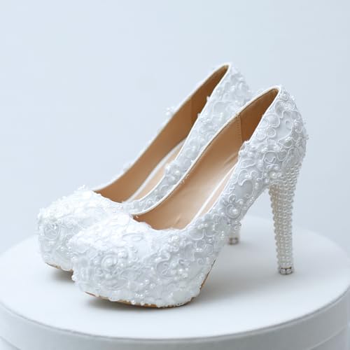 White Super high Heel Platform Single Stiletto Women's Lace Sequins Pearl Wedding Bridal Shoes4