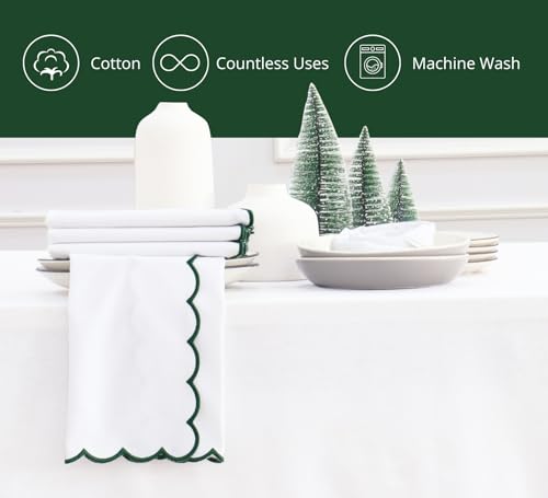 Image of PurpleEssences Scalloped Cloth Napkins 18x18 in - White Edges Forest Green