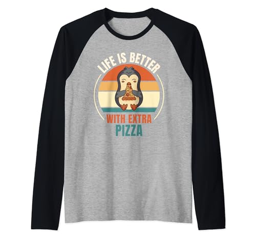 Retro Penguin Pizza Life Is Better con Extra Pizza Maglia con Maniche Raglan