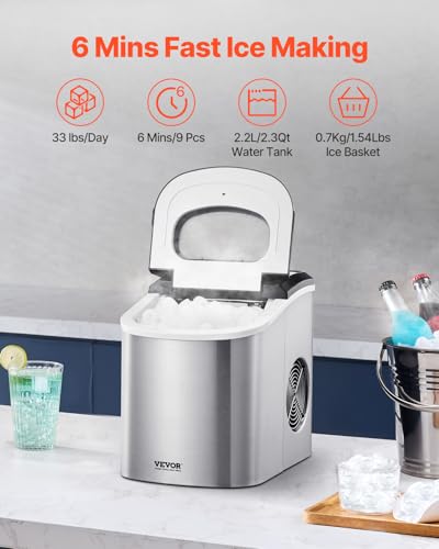 Image of VEVOR Countertop Ice Maker, 9 Cubes Ready in 6 Mins, 33lbs in 24Hrs, Self-Cleaning Portable Ice Maker with Ice Scoop and Basket, Ice Machine with 2 Sizes Bullet Ice for Home Kitchen Office Bar Party