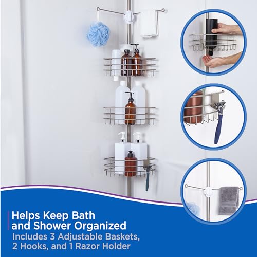 Kenney KN614128 Easy Slide Adjustable Height (6' 9"-9') Spring Tension Metal Corner Pole Shower Caddy with 3 Adjustable Rust-Resistant Basket Shelves, Towel Bars, and Razor Holders, Brushed Nickel by Kenney - Used condition - Image 6