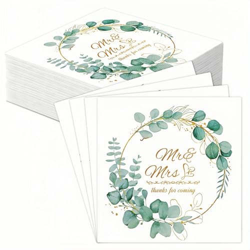 LERKNVOE Lot de 40 Serviettes de Table en Papier Mariage, Design Bohème avec Motif Eucalyptus Végétal Décorées pour Mariage, Fête, Réception, Photocall, EVJF, Cocktail, Décoration de Table, 33x33cm