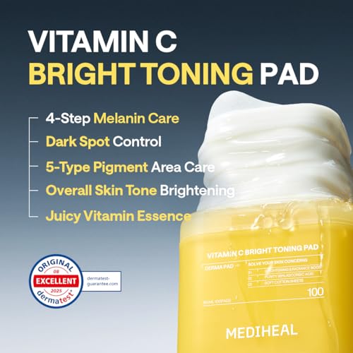 Image of MEDIHEAL Toner Pads 100 Count - Vitamin C Skin Toning - Radiance Booster for Clear & Illuminating Skin - Contains Niacinamide for Blemish Care - Vegan Stretchable Fabric Pads, Korean Skin Care