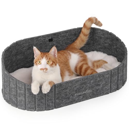 FUKUMARU Katzenbett, 61 cm großes Katzen-Couchbett mit gemütlichem Kunstkaninchenfell-Kissen, Filz-Katzenhaus-Sofa in ovaler Form, grau
