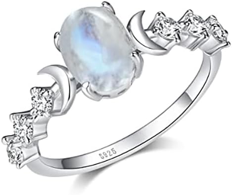 Genuine Moonstone Ring Sterling Silver Moon Phase Ring Oval Moonstone Cubic Zirconia Statement Band Finger Minimalist Ring for Women with Gift Box（Silver）
