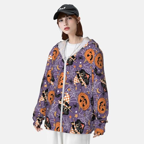 Vintage Halloween Black Cat Print Men'S Women Full Zip Sun Protection Long Sleeve Sun Shirts For Men Hiking Fishing-3
