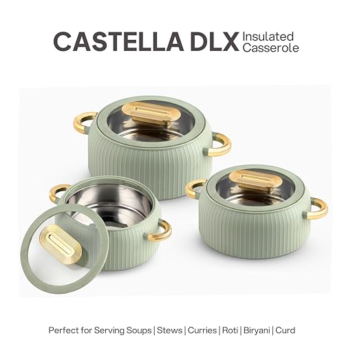 Image of CELLO Castella Deluxe Insulated Steel Casserole Case Set of 3 Pcs, Green (1000ml, 1500ml, 2500ml) | Airtight See Through Lid, Hot Pot Box Keeps Food Hot & Warm, Casserole Set for Roti Chapati Rice