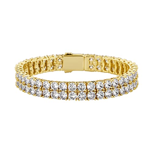 JINAO 2 Row Tennis Bracelet Iced Out Bling Cubic Zirconia Lab Simulated Diamond Bracelet14K Gold Plated Wrist Chain Hip Hop Jewelry for Men Women