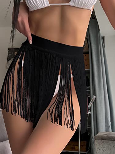 Verdusa Saída de praia feminina de cintura alta com acabamento em franjas, Preto, M