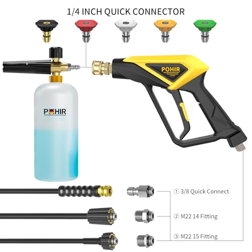 POHIR Short Pressure Washer Gun with Foam Cannon, 1/4 Inch Quick Connector, with 5 Pressure Washer Nozzle Tips 4500 PSI, 1 Liter by POHIR - Used condition - Image 2
