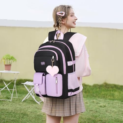 Backpack For School Women College Middle High Teen Girls Student Bookbag Waterproof Laptop Bag Black Purple2