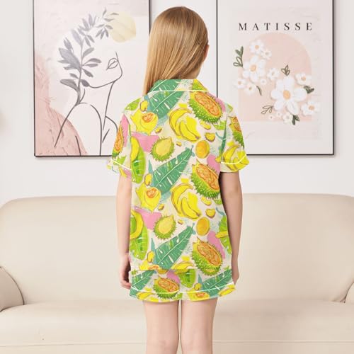 Watercolor Banana Pattern Pajamas Sets Short Sleeve Silk Stain Pjs Button Down Sleepwear for 5-14Y4
