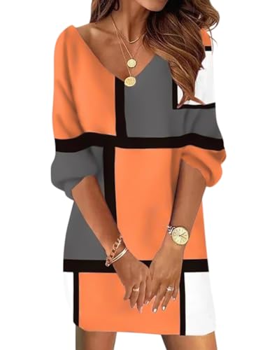 Minetom Damen Pulloverkleid V-Ausschnitt Spitze Strickkleid Langarm Pullover Tunika Kleid Für Herbst Winter Weihnachts Pulli B3 Orange XL