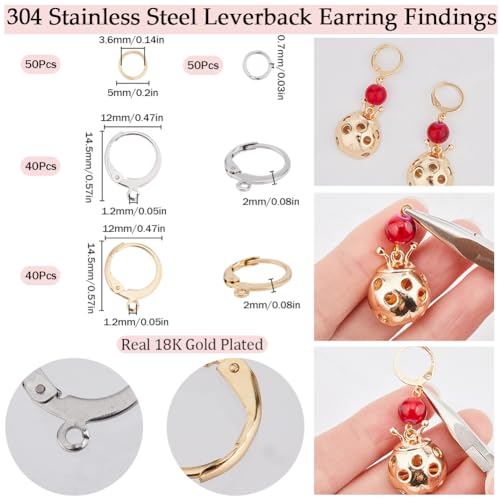 SUNNYCLUE 1 Box 180Pcs Real 18K Gold Plated Stainless Steel Earring Findings 80Pcs Round Leverback Earring Hooks Huggie Earrings Wires 100Pcs Open Jump Rings Hypoallergenic for Jewellery Making Kit - Image 2