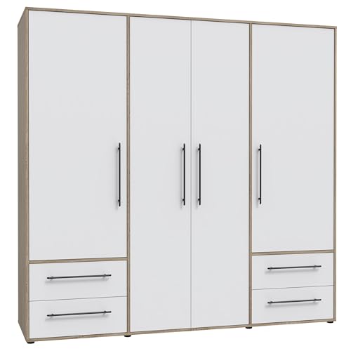 Forte Jupiter Armoire 200 210 à 4 Portes battantes avec 4 tiroirs et étagères Blanc avec décor en Bois chêne Sonoma 206 x 59 x 200 cm