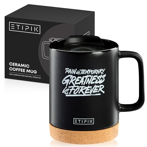 ETIPIK Taza de Cerámica con frase motivacional para café infusiones té con tapa y base de corcho, tazas originales para regalar, cumpleaños amigo invisible y motivación