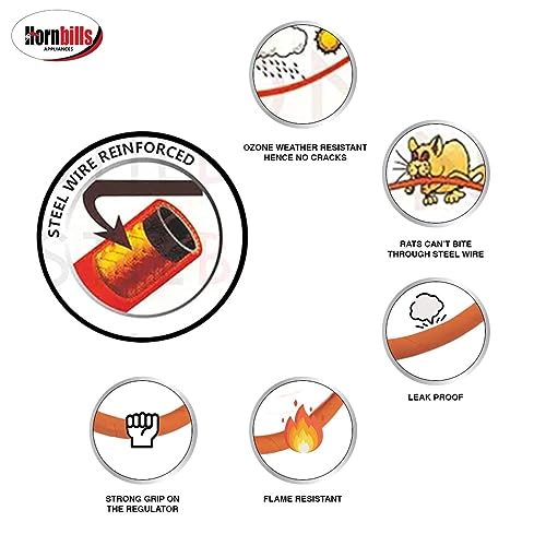 Image of Hornbills Gas Pipe 2 Meter with ISI Certified LPG Cylinder Hose Pipe Flame Resistant Fine Quality, Leak Proof, Rat bite-Proof, Crackproof Made with Reinforced Steel Wire 5 Years Warranty (with Clip)