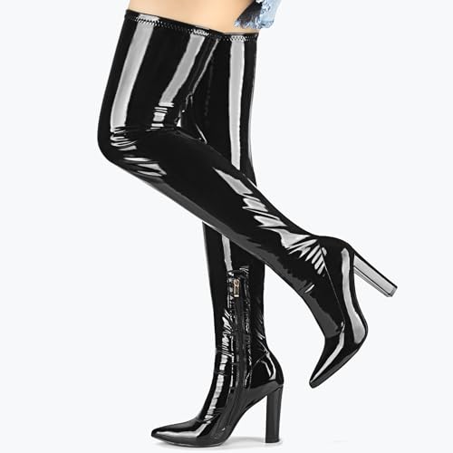 Women Thigh High Boots Chunky Heel Over The Knee Boots Patent Leather PU Stretchy Tall Boots Sexy Pointed Toe Fashion GOGO Boots Prom Party Knee High Boots2