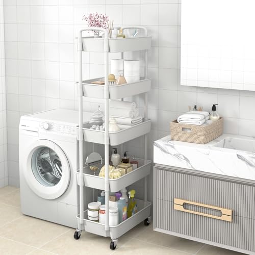 Image of Sywhitta 5-Tier Plastic Rolling Utility Cart with Wheels for Storage,White | Multi-Functional Storage Trolley, for Office, Living Room, Kitchen, Bathroom,Movable Organizer,Space-Saving,Easy to assemble