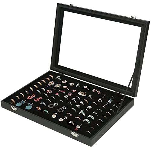 OSPNIEEK Ring Jewelry Organizer Box, 100 Slot Rings Display Storage Case Earring Showcase - Black Velvet Jewelry Stand Holder Tray with Transparent Glass Lid - Ideal Gift for Women Girls