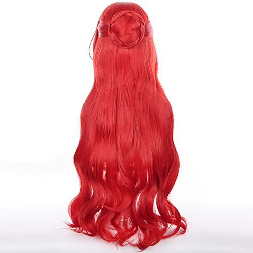 Image of Anime Red Wig with Bangs and Bun Women Long Wave Wig Pre-styled Half Up Half Down wigs Adult COS Game Cosplay Wigs Halloween,Christmas,Comic con,Game Show,Party