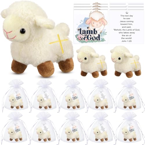 Shappy 12 Pcs Mini Easter Stuffed Animal Nativity Plush Sheep Plush Toy Religious Stuffed Animal, Easter Party Favors Basket Stuffers Christian Gifts for Baptism First Communion Christening