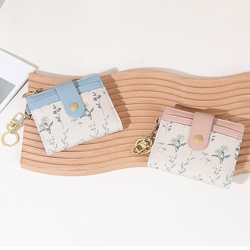 Image of Farcauo Small Floral Womens Wallet with keychain Cute Wallets for Women Thin Pink Women's Wallet Kawaii Floral and Bow Card Purse for Ladies