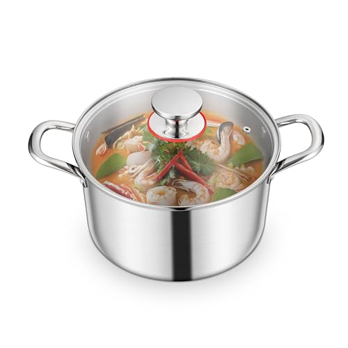 Homikit Kochtopf 22cm, 3-Lagen Suppentopf Induktion mit Glasdeckel, 4,7L Edelstahl Kochtöpfe Nudeltopf für alle Herdearten, Edelstahl Poliert & Unbeschichtet, Spülmaschinenfest