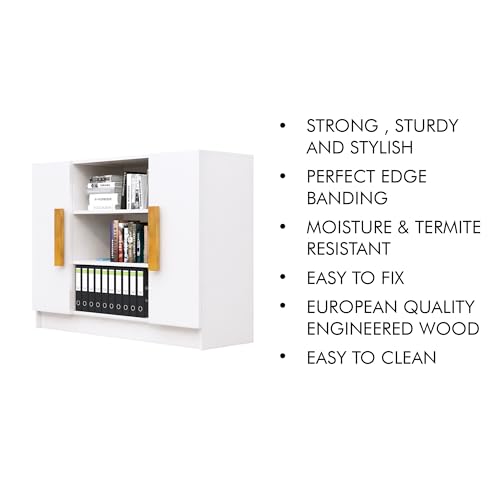 Image of Bniture Engineered Wood Storage Cabinet with 3 Shelf and 2 Door | Book Shelf Wooden Bookshelf for Home | Multipurpose Storage Organizer for Living Room, Hallway & Office | Frosty White & Giant Wood