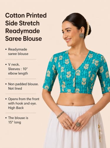 Image of Studio Shringaar Women's Cotton Printed Side Stretch (Smocked) Readymade Saree Blouse