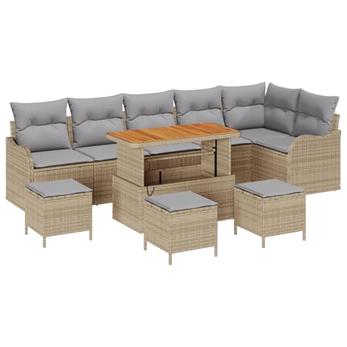 Homgoday Juego de 10 sofás de jardín con cojín beige de polirratán de acacia, sofá de 2 plazas con cojín beige de poliratán de polirratán, juego de 4 piezas con cojín beige de polirratán de acacia