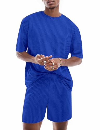 Ekouaer Mens Lounge Set Ribbed Knit Pajamas Set 2 Piece Short Set Outfits Sweatsuit Summer Soft Sleepwear Loungewear2