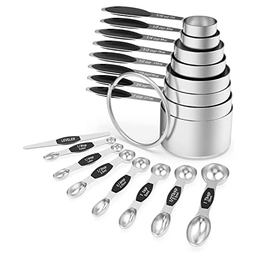 Measuring Cups & Magnetic Measuring Spoons, Wildone 16Pc Stainless Steel Measuring Cups Set, 8 Measuring Cups & 7 Double-Sided Magnetic Measuring Spoons Stackable & 1 Leveler (Black)