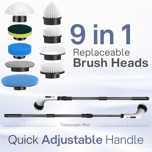 Image of Roboson Electric Spin Scrubber,Cordless Cleaning Brush with 9 Brush Heads,425 RPM,90 Mins Runtime,IPX6 Waterproof,Adjustable Length,3 Speeds,Ideal for Bathroom,Kitchen,Glass,Utensil & Car