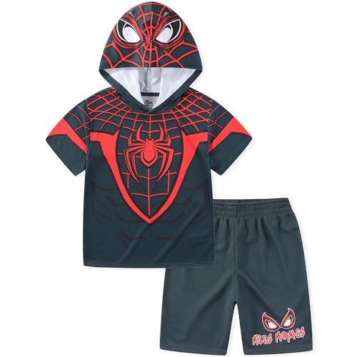 Marvel Spider-Man Miles Morales Venom Boys Hooded Athletic T-Shirt and Active Mesh Short Set for Big Kids