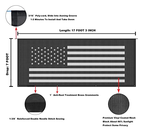 Tentproinc RV Awning Sun Shade Screen 7' X 17' 3'' (American Flag) Black Mesh Sunshade Camper Trailer Awning Shade Screen UV Blocker Completed Kits