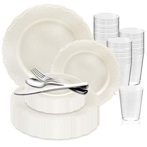 360 Piece Elegant Disposable Plastic Dinnerware Set For 60 Guests - Fancy Vintage Ivory Dinner Plates, Dessert Salad Plates, Silverware Set & Party Cups For Wedding, Birthday Parties & All Occasions #TOP10