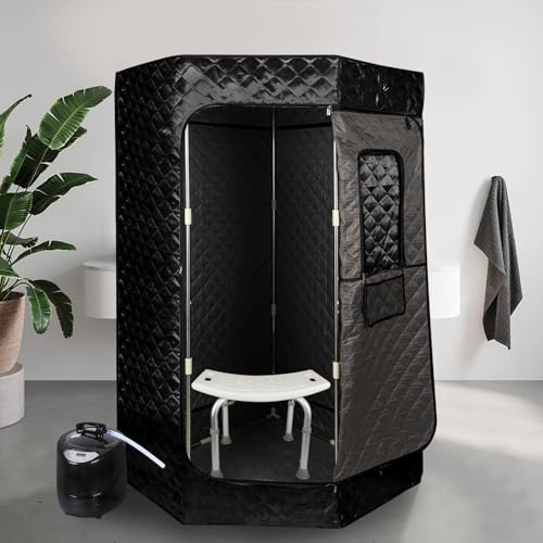 Sauna a Vapore Portatile, Cabina Domestica per SPA, 9 Temperature Regolabili, 0-99 Minuti, Telecomando,per Interna Esterno, Pressoterapia Iinfodrenaggio,90 * 90 * 180 cm (3L) (Nero)