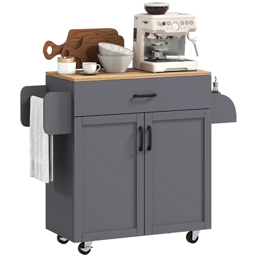 HOMCOM Isla de Cocina con Ruedas, Carrito de Cocina con Cajón, 2 Puertas, Toallero y Especiero, Estante Ajustable, para Comedor, 105x36x85 cm, Gris