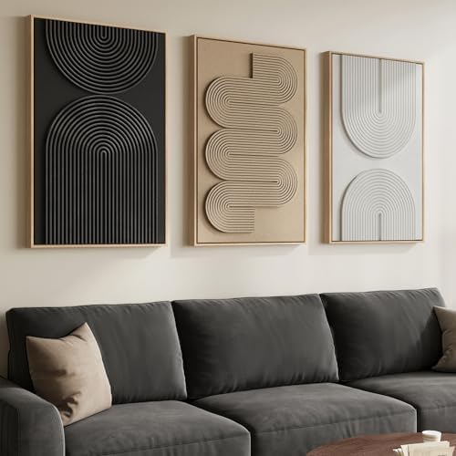 Large 3D Textured Framed Boho Neutral Abstract Wall Art, Set of 3...
