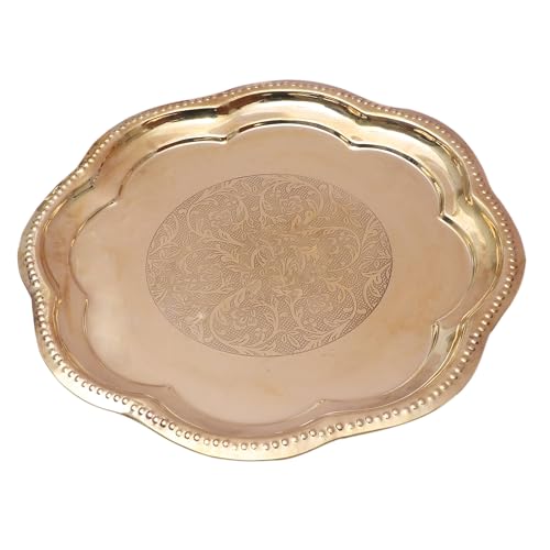 Image of Two Moustaches 11 Inches Ethnic Carved Brass Puja Thali, Traditional Pooja Aarti Thali for Home Temple, Brass Pooja Thali, Gifts for Puja Ceremony, Housewarming Gifts, Pooja Plate, Golden, Pack of 1