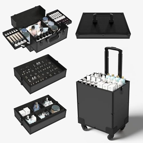 Image of Adson Professional Beauty Makeup Cosmetic Aluminium Vanity Trolley Train case (Titanium Black)